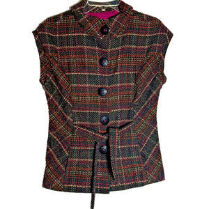 Cabi Vest Womens Medium Brown Pink Plaid Wool Blend Belted Button Up Jacket